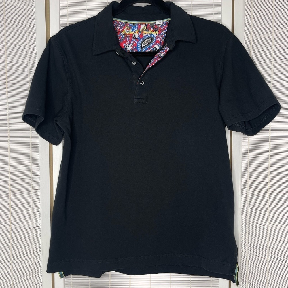 Robert Graham Polo Shirt Black Collar Short Sleeve Cotton Blend Patterned Size S